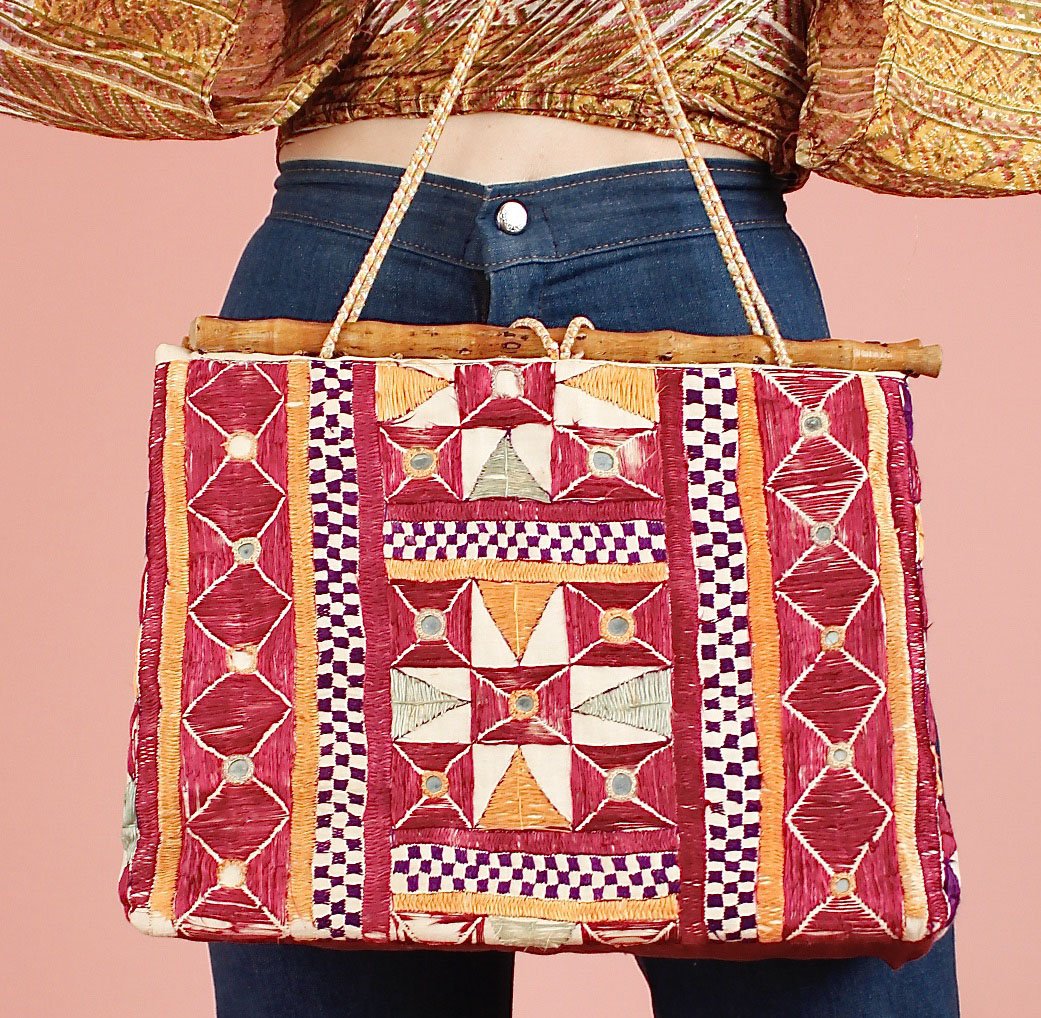 Vintage Embroidered Mirror Work Bamboo Handbag // Circa 1960s-70s